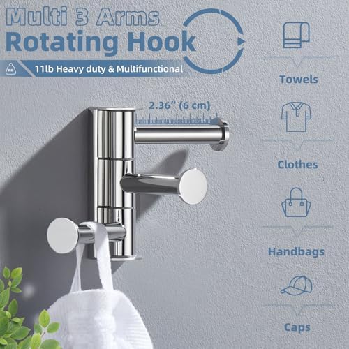 APLusee Swivel Towel Hook 3 Arms, Swivel Towel Bar Bundle Wall Mounted, 304 Stainless Steel Folding Rotating Arms, Polished Chrome image 5
