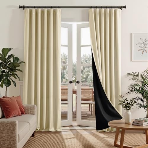 RYB HOME 100% Blackout Curtains for Living Room 84 inches Long, Heat Blocking Energy Efficient Boho Farmhouse Window Drapes for Bedroom Nursery, Light Beige, 2 Panels Set