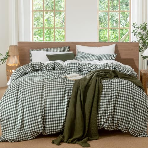 Image of MooMee Gingham Duvet Cover Set 100% Washed Cotton Linen Like Twin | Relaxed Linen-like Texture. Soft, Breathable & Long-lasting Comfort. Lightweight. Hidden Zipper with 8 Interior Corner Ties