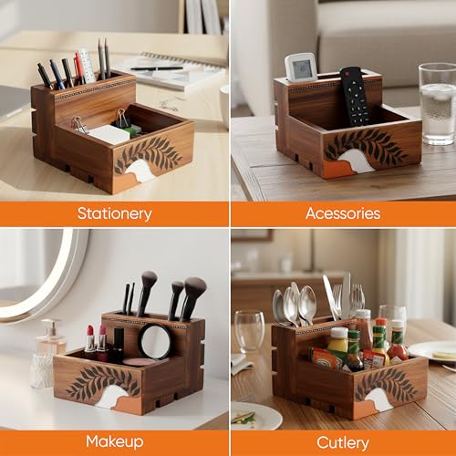 Image of AAKRITI ART CREATIONS Teak Leaves Cutlery Holder Large | Hand-painted Teak Wood Stand For Dining Table | Kitchen Knife Holder | Wooden Cutlery Holder, Natural Brown Matte Finish