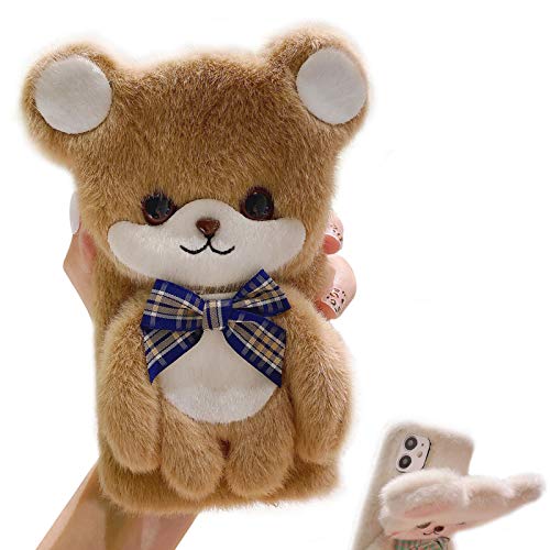 Palizufio Plush Case for Moto G Play 2024 4G with Screen Protector,Fluffy Furry Silicone Case with Stand,Cute 3D Fuzzy Bear Shaped Bow-Knot Doll for Kids Girl Soft Hairy Warm Case,Brown