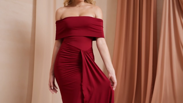 women's red off the shoulder dress for a cult wedding HAPPY CLOTHING OFF-SHOULDER VELVET PETAL MAXI IN line skirt creates a graceful silhouette LEJY Women's Off Shoulder Quinceanera
