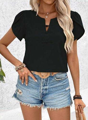 Women's Summer Tops Petal Short Sleeve V Neck Blouses Dressy Casual Fitted Cute Solid Shirts 20254