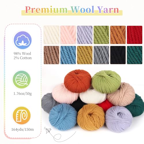 Image of Coopay Wool Yarn for Crocheting, 12 Pack Wool Yarn for Knitting- 60% Wool 40% Polyester - 50g /1.76oz - #3 DK (Light) -164 Yds Crochet Wool Blend Yarn for Clothes, Scarves, Blankets (Multicolor)