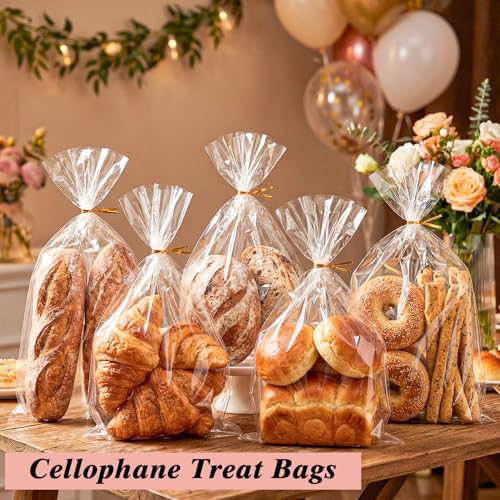 Image of woric 60PCS Clear Gift Bags 10 x 14 Inch Cellophane Wrap Bag | Goodie Bags Treat Bags for Cookies Candy Halloween Birthday Party Favors Baby Shower Bakery (with 60 Twist Ties)