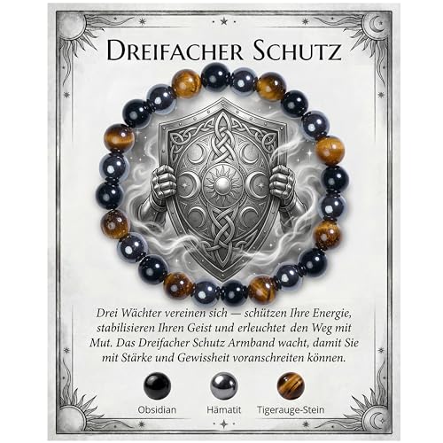 Bivei Dreifach Schutz Armband Kraftstein Heilstein Armband 8MM mit Obsidian & Hämatit & Tigerauge - Dehnbares Elastischer Perlenarmband für Damen & Herren als Geschen