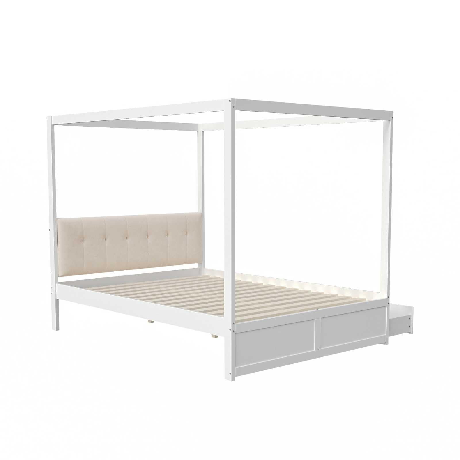 YEHTOKHOME Lit à baldaquin 140x200cm,lit Multifonctionnel avec Deux tiroirs,lit en Bois avec Dossier rembourré,lit Double avec sommier à Lattes(sans Matelas) (Blanc)