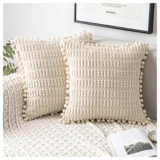 MIULEE Boho Cream White Corduroy Decorative Throw Pillow Covers Pack of 2 Pom-pom Soft Striped Pillow Covers Modern Farmhouse Home Decor for Decoration Sofa Living Room Couch Bed 18x18 Inch