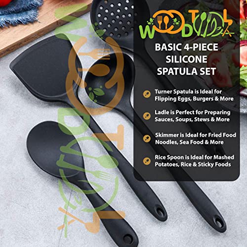 Image of Silicone 4-Piece Cooking Utensils Set - BPA-Free Cooking Spatulas - Soup Ladle, Rice Spoon, Turner Spatula, Skimmer (Black)