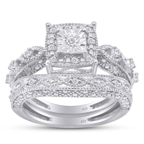 1/5 Carat Round Cut White Natural Diamond Cascading Engagement Bridal Ring Set Jewelry For Women In 14k Gold Over Sterling Silver (0.20 Cttw, Color- I-J, Clarity- I2-I3)