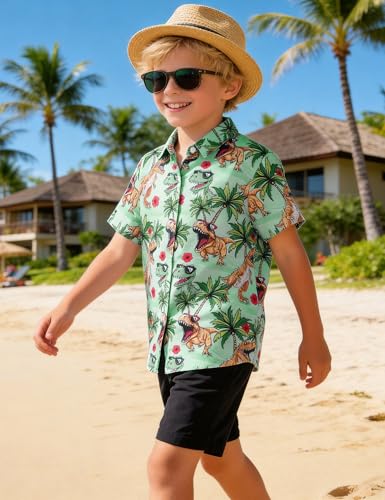 Image of Boys Hawaiian Shirt Kids Button Down Aloha Beach Hawaii Tops 5-14Y | Quick Dry, Breathable, Cooling & Lightweight, For Summer Vacation Holiday, Fourth of July, Youth, Teen, Shark, Dinosaur