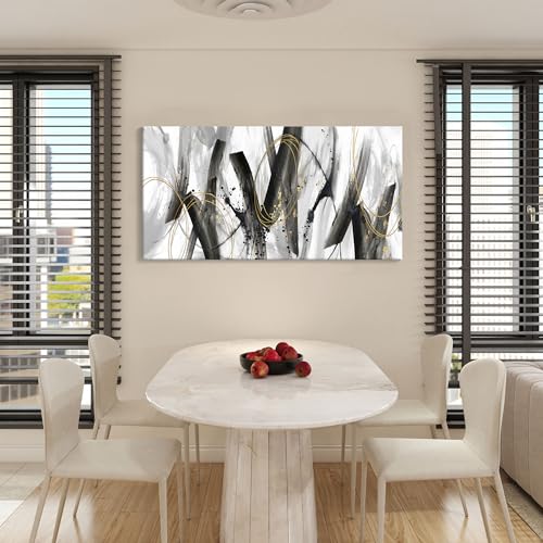 Image of AJAZIKO Abstract Wall Art for Living Room - Large, Black and Gold Wall Art Decor, Office Pictures, Modern Artwork Paintings, Black and White Wall Decor - Ideal for Bedroom and Office Decorations