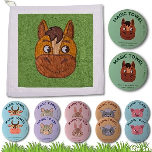 Bada Bing 12er Set Magisches Handtuch - Zauberhafte Baumwoll-Waschlappen -Bauernhof- Zauberhandtuch für Kinder ca. 30x30cm 6fach s. Gastgeschenk Kindergeburtstag Geschenk Mitgebsel