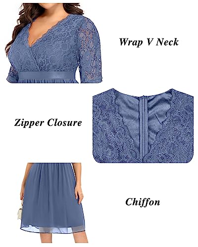 Image of Pinup Fashion Plus Size Lace Chiffon Wrap V Neck Dresses Women Cocktail Wedding Guest Midi Dress