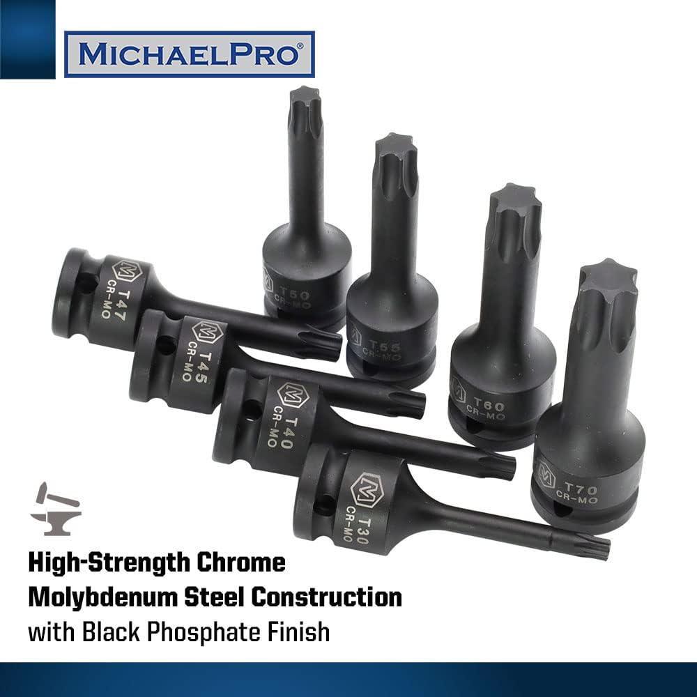 MichaelPro MP005029 8Pc 1/2” Drive Torx Driver Bit Socket Set, T30 to T70, Impact Grade CR-Mo | Sturdy Storage Case Included