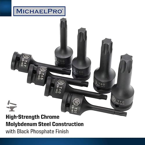 Miniatura 3 de MichaelPro MP005029 Juego de 8 llaves de vaso Torx de 1/2 pulgada, T30 a T70, grado de impacto CR-Mo | Estuche de almacenamiento resistente incluido