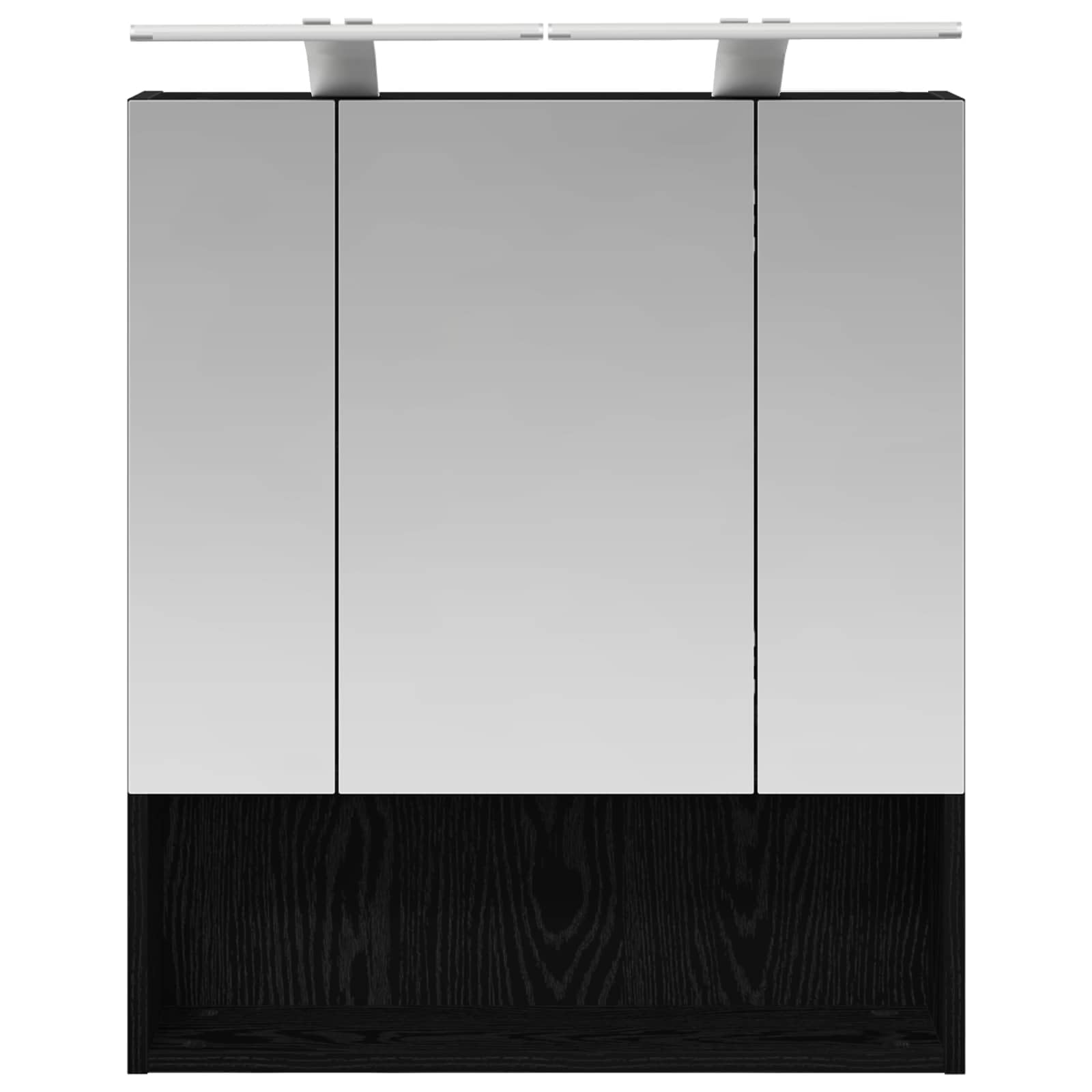 Szafka łazienkowa z lustrem w kolorze czarnym o wyglądzie dębu, 60 x 14,5 x 70 cm, materiał drewnopochodny z miejscem do przechowywania i 2 półkami, montowana na ścianie, z paskami LED i