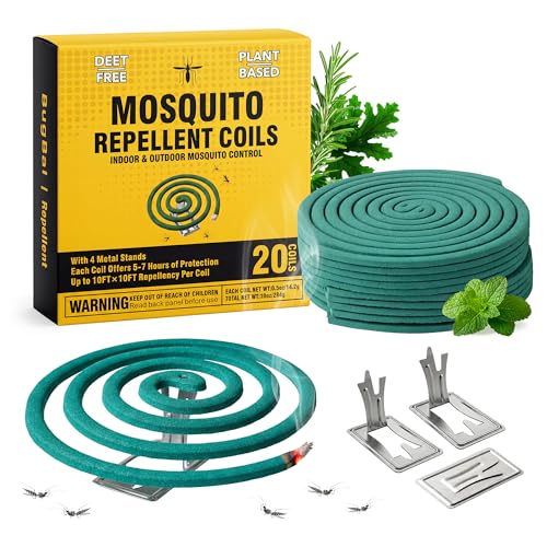 BugBai 20 Pack Natural Plant-Based Mosquito Coils Mosquito Repellent DeetFree Mosquito Coils Outdoor Insect Bug Repellent for Backyard Camping with 4 Stand