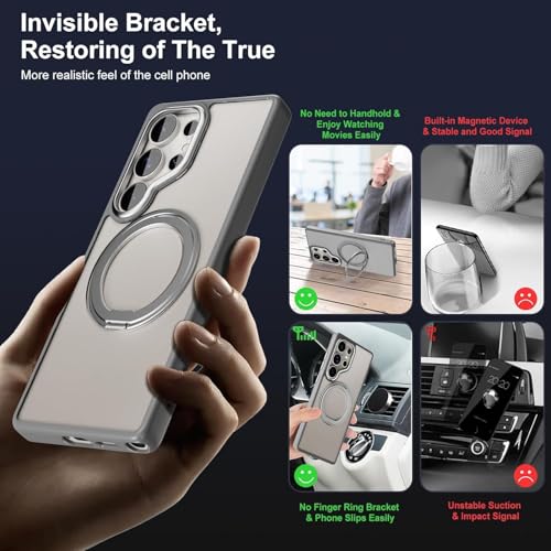 Image of DIZORO TPU Magnetic 360 Ring Stand Case Fit for Samsung Galaxy S24 Ultra Case, Compatible & Wireless Charging,Military Grade Drop Tested,Translucent Hard kick Back Cover (Grey)
