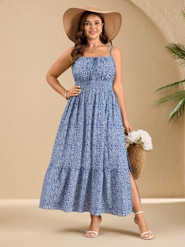 Image of SCOMCHIC Plus Size Summer Boho Dresses Spaghetti Strap Sleeveless Casual Sundress Smocked Flowy Slit Beach Maxi Dress