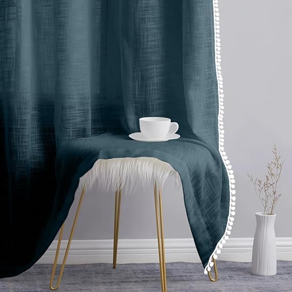 Image of THE LINEN COMPANY Cotton Linen Solid Curtain Set with Eyelet Rings (Navy Blue, Window - 6.5 Feet)