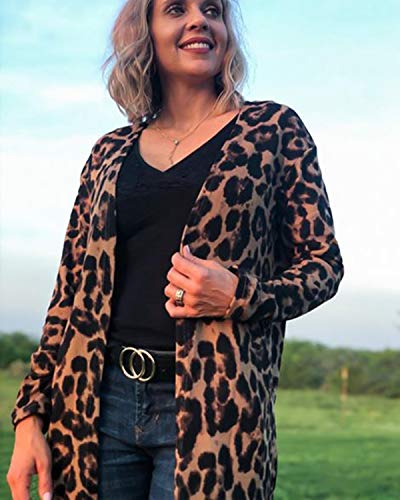 OUGES Women's Leopard Print Open Front Cardigan Shirt with Pockets Long Sleeve Lightweight Coat(Leopard01,M)