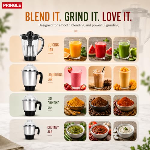 Image of Pringle Soul Maxx 750W Mixer Grinder 4 Jar | 5 Yr Warranty | 60 Min Non Stop Running | 3 SS Jars (Liquidizing, Wet & Dry Grind, Chutney Jar) 1 Juicer Jar | Copper Motor | SS Blades | Red