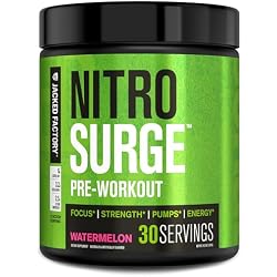 Jacked Factory NITROSURGE Pre Workout Supplement - Endless Energy, Instant Strength Gains, Clear Focus and Intense Pumps - NO Booster & Powerful Preworkout Energy Powder - 30 Servings, Watermelon