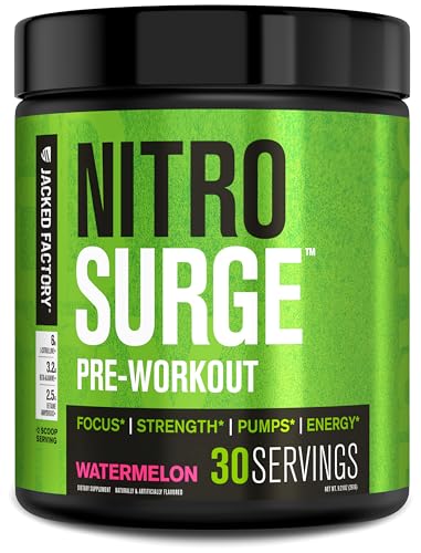 Jacked Factory NITROSURGE Pre Workout Supplement - Endless Energy, Instant Strength Gains, Clear Focus and Intense Pumps - NO Booster & Powerful Preworkout Energy Powder - 30 Servings, Watermelon