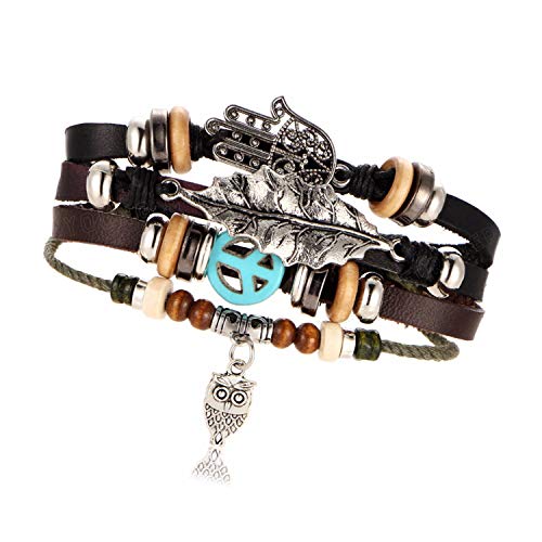 Image of Young & Forever Multi-Layer Leather Bracelet for Men | Adjustable Handmade Wrap Bracelet with Beads, Anchor, Evil Eye, Feather & Boho Charms | Vintage Punk Casual Wristband Gift for Men & Boys