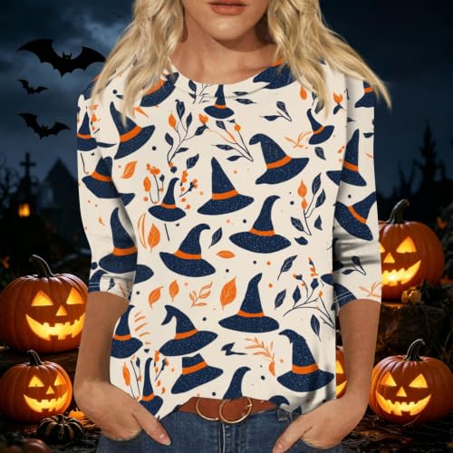 Image of Women Spooky Halloween Graphic Shirt 3 /4 Length Sleeve Crewneck Top | Halloween Funny Printed Pumpkin Plus Size Tshirts 2026 Fall Outfits Skeleton Tee Going Out Tops