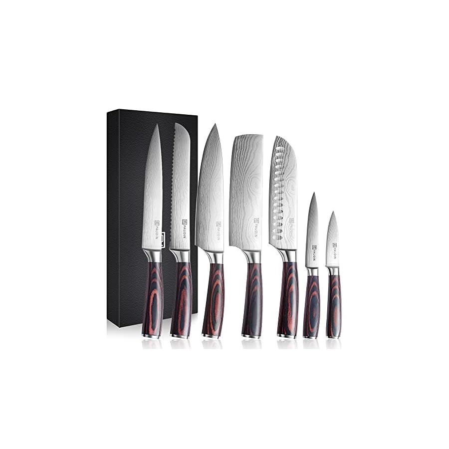 PAUDIN-Kitchen-Knife-Set-Professional-7-Pcs-Knives-Set-for-Kitchen-Chef-Knife-Set-with-Sharp-High-Carbon-Stainless-Steel-Forged-Blade-and-Pakkawood-Handle-Japanese-Knife-Set-Come-with-Gift-Box PAUDIN Chef Knife Set, 7 Pieces Kitchen Knife Set, High Carbon Stainless Steel, Ultra Sharp Knife Set, Professional Knives Set for Kitchen with Pakkawood Handle