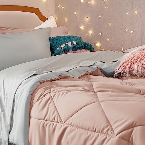 Image of Bedsure Twin XL Comforter - 5 Pieces Reversible Blush Pink Bed in a Bag, Twin XL Bedding Comforter Set College Dorm Essentials with 1 Flat Sheet, 1 Fitted Sheet, 1 Pillowcase and 1 Pillow Sham