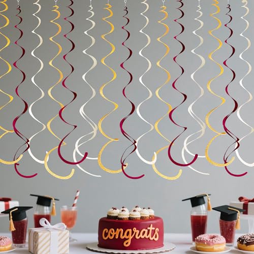 Image of 36 Pcs Maroon Gold Hanging Swirl Decorations Glitter Gold Burgundy Beige Felt Swirl Streamer Spiral Ceiling Garland for Birthday Graduation Wedding Shower Retirement Anniversary Garnet Party