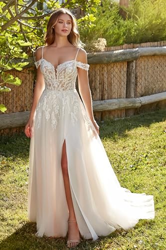 Off Shoulder Tulle Wedding Dress for Bride Lace Applique Spaghetti Straps A-Line Bridal Dress with Train2