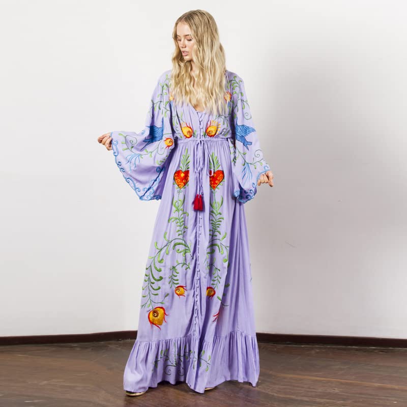 Runway Bohemia Lomg Dress Summer Women Cotton Embroidery Floral Batwing Sleeve V Neck Beach Long Dress3
