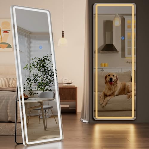 Image of Koonmi Full Length Mirror with LED Lights, 65 inchx24 inch Lighted Mirror with Dimming & 3 Color Lighting, Big Mirror for Bedroom, Dressing Room, Rectangle,White