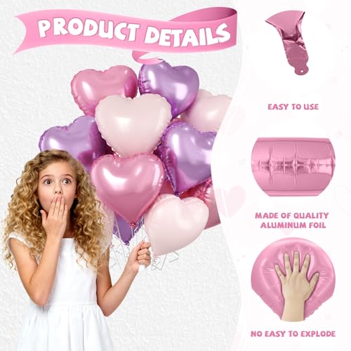 Image of Pink Purple Heart Balloons, 10 Pcs Light Pink and Purple Heart Shaped Balloon, 18 Inch Pastel Foil Balloons for Girls Women Butterfly Brithday Bridal Baby Shower Wedding Valentines Party Decoration