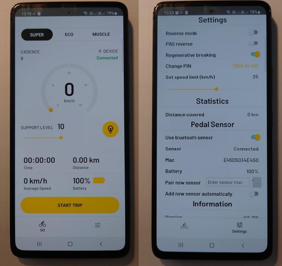 Two smartphone screens showing the Zipforce app interface. One screen displays real-time cycling data like speed, cadence, battery, and support level. The other screen shows settings for reverse mode, regenerative braking, speed limit, and pedal sensor connection.