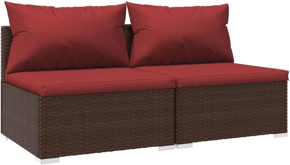 vidaXL Brown Patio Furniture - Red Cushion - 2 Seats - Middle Sofa