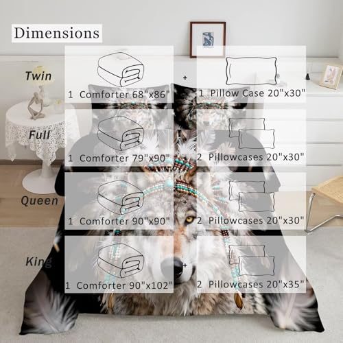Image of 3D Wolf Comforter Set Queen Size Wildlife Animal Bedding Sets for Kids Adults Boys Girls Bedroom Black Brown Tribal Feather Quilt 1 Comforter 2 Pillowcases