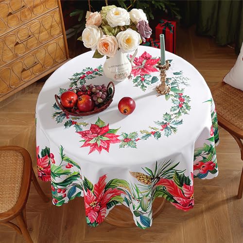auons Christmas Tablecloth Round 60 Inch, Holly Leaves Berry White Washable Table Cloths Christmas Decorations - Image 3
