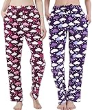 iceBoo Womens Fleece Pajama Bottoms (Pack of 2) Plum & Purple Clouds and Stars Print, Elastic Waist with Drawstring, Side Pockets, LP92/93 - Size 12/14
