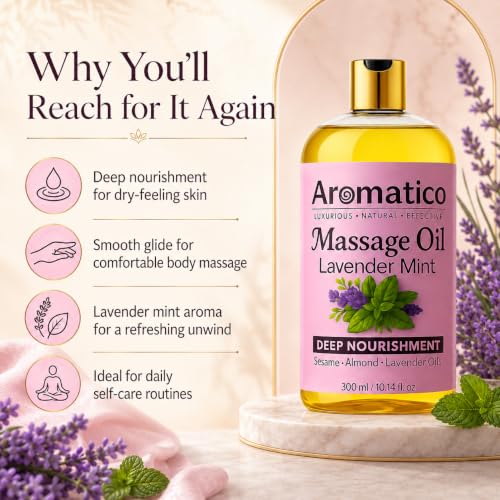 Image of AROMATICO Lavender Mint Massage Oil. Seductive, Sensual Oil for Date Nights -300ml. Intimate, Romantic Massage Oil for Couples. Non-sticky Formula, Natural Ingredients