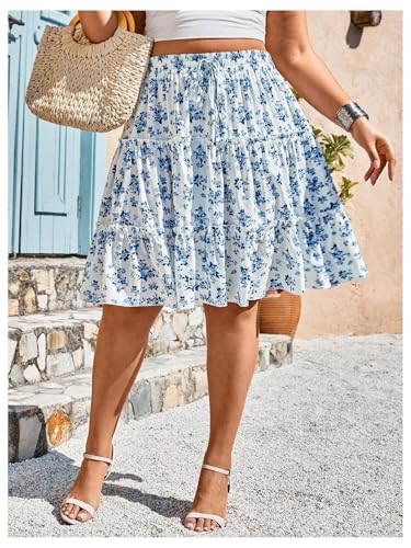 Women's Plus Size Floral Skirt Boho Ruffle Tiered Elastic High Waist Summer A Line Skirt3