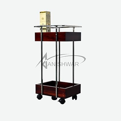 Ashutosh Crafting Stainless Steel Bar 2 Tier Shelf Sheesham Wood Serving Trolley with Wheels for Home Dinning Bars Car Rack Beauty Salon Kitchen (Standard Size Honey)