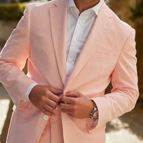 Seersucker Suit Mens Striped Casual Classic Fit 2 Piece Big and Tall Pink Suit for Men Summer Wedding2