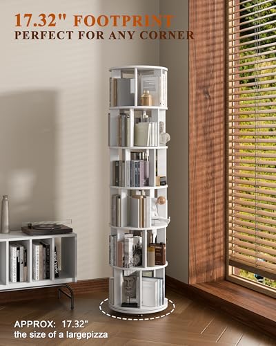 Image of IUNVR 6 Tier Rotating Bookshelf Tower Spinning Bookshelf with Swivel Wheels Book Shelf Rotating Storage Tower for Kids Adult, Narrow Solid Wood Revolving Bookcase Organizer for Bedroom Living Room