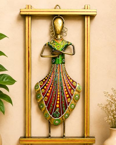 Image of iHandikart Metal Wall Art for Home Decor | Traditional Rajasthani Lady with Diya Wall Hanging | Hand-Painted Iron Wall Sculpture with Stone Work | Wall Decor for Living Room & Bedroom | 13 x 7 Inch