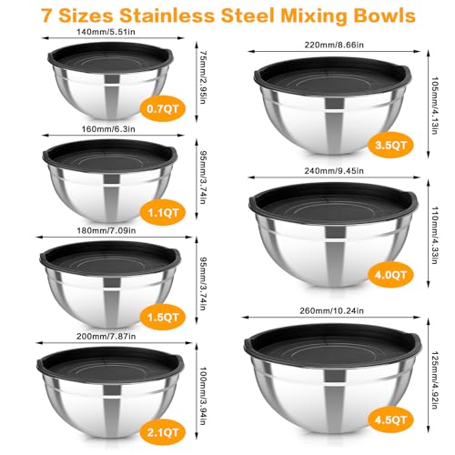 YJSLICT 7 Piece Stainless Steel Mixing Bowls with Lids Set, Metal Mixing Bowls Nesting Design Salad Bowl for Kitchen Cooking, Baking, Prepping and Serving Food (Size 0.7, 1.1, 1.5, 2.1, 3.5, 4, 4.5QT) - Image 2